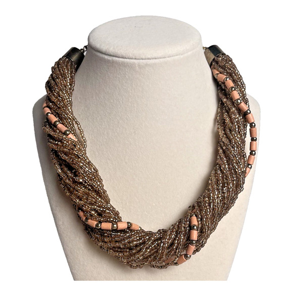 Bronze Seed Bead Torsade Necklace Twisted Multi Strand Chunky Statement 22" Long - Picture 1 of 11